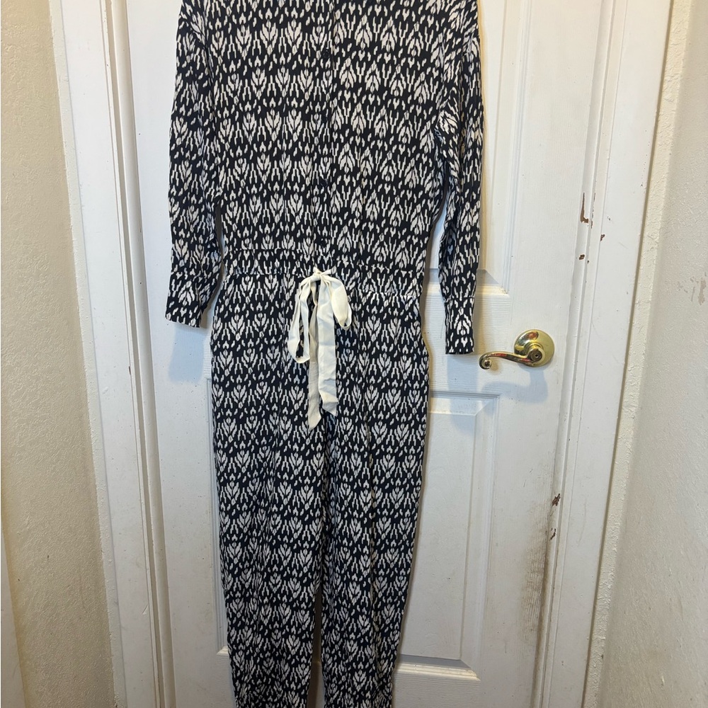 NUDE Monochrome Patterned Silk Jumpsuit with Waist Tie